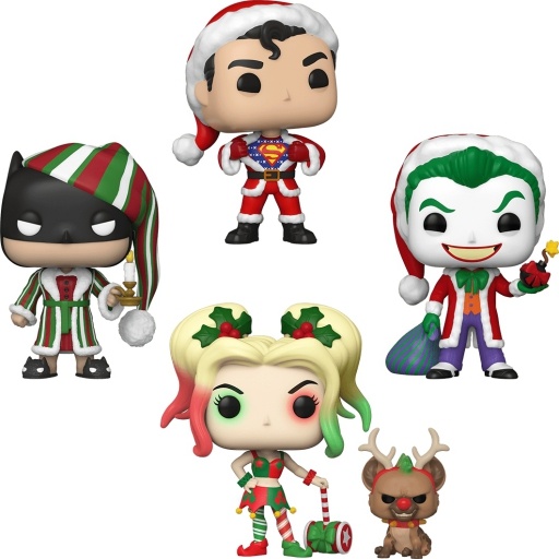 Funko POP Superman in Holiday Sweater, Batman as Ebenezer Scrooge, The Joker as Santa & Harley Quinn with Helper (DC Super Heroes)