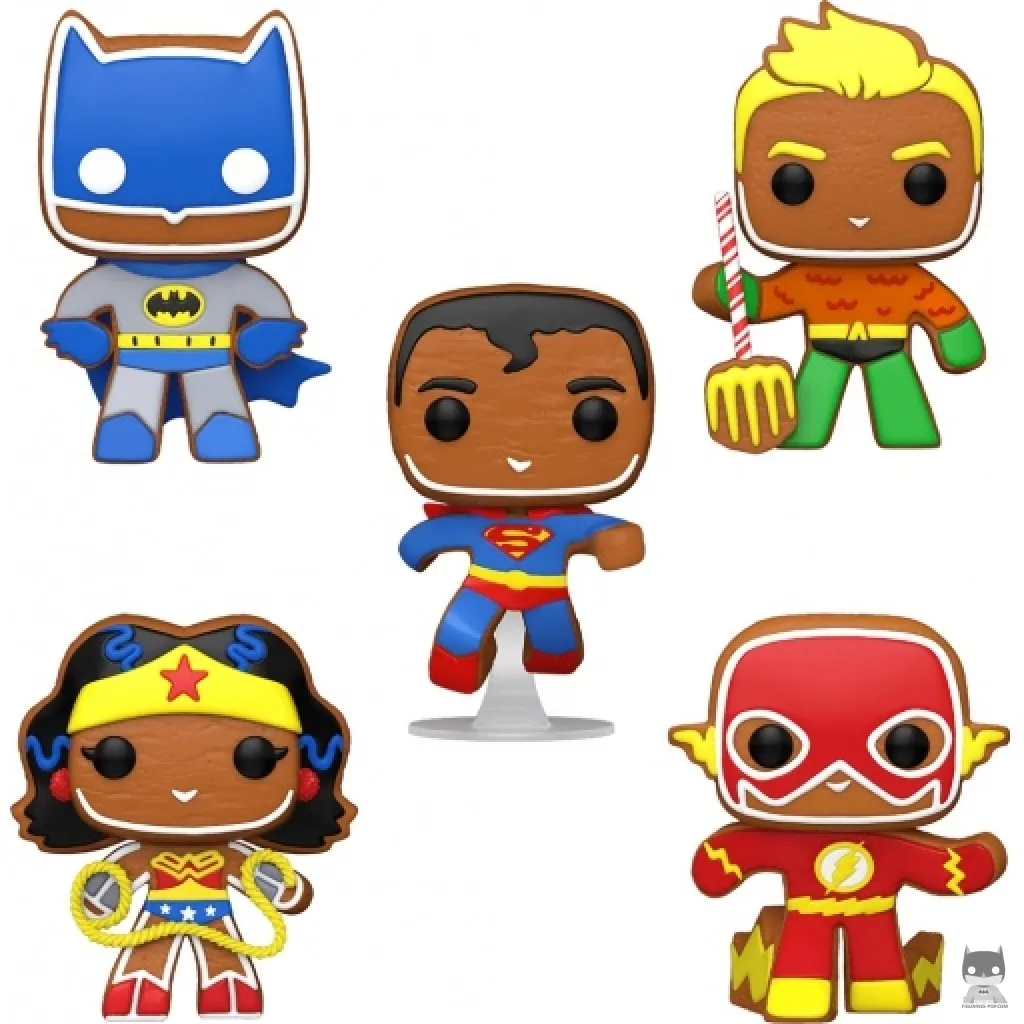 Gingerbread Superman, Gingerbread Batman, Gingerbread Aquaman, Gingerbread Wonder Woman & Gingerbread The Flash Funko Pop! figure (DC Super Heroes)