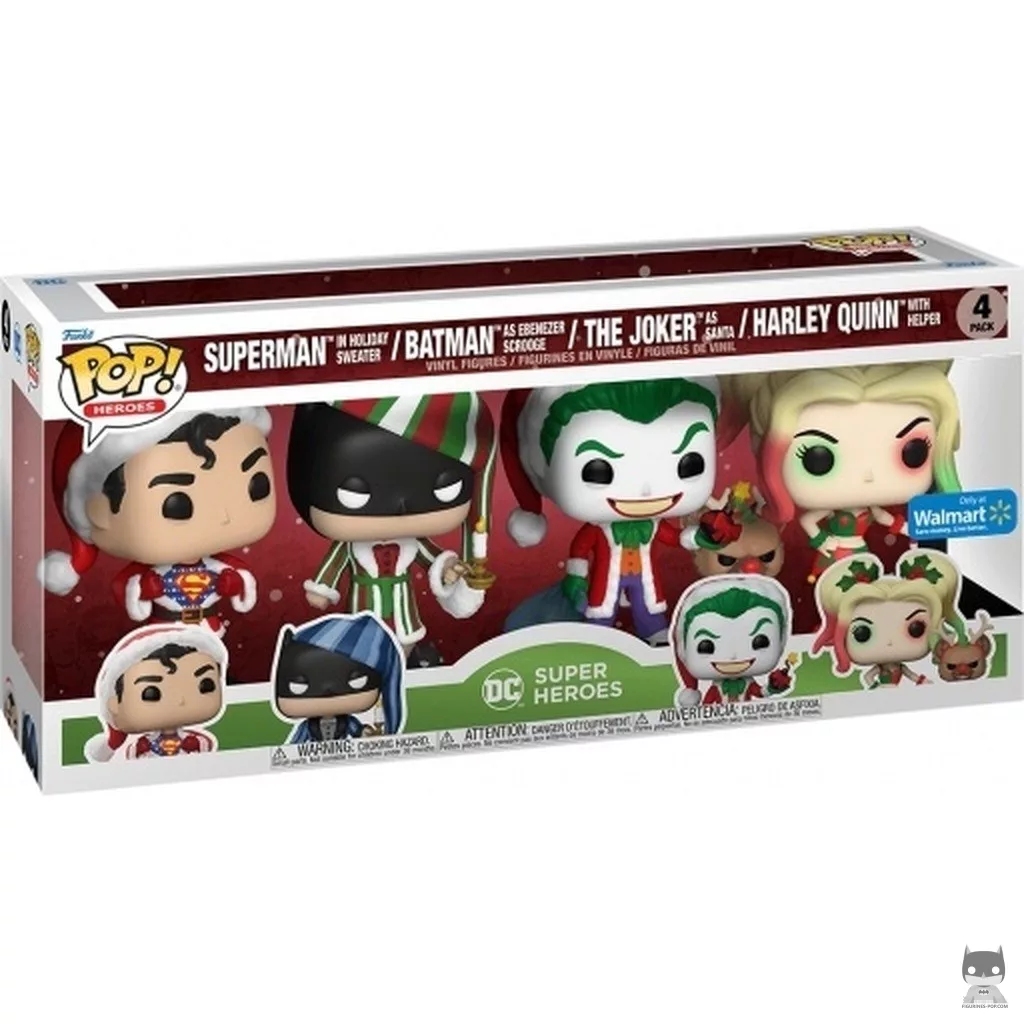 Superman in Holiday Sweater, Batman as Ebenezer Scrooge, The Joker as Santa & Harley Quinn with Helper Funko Pop! figure in its box