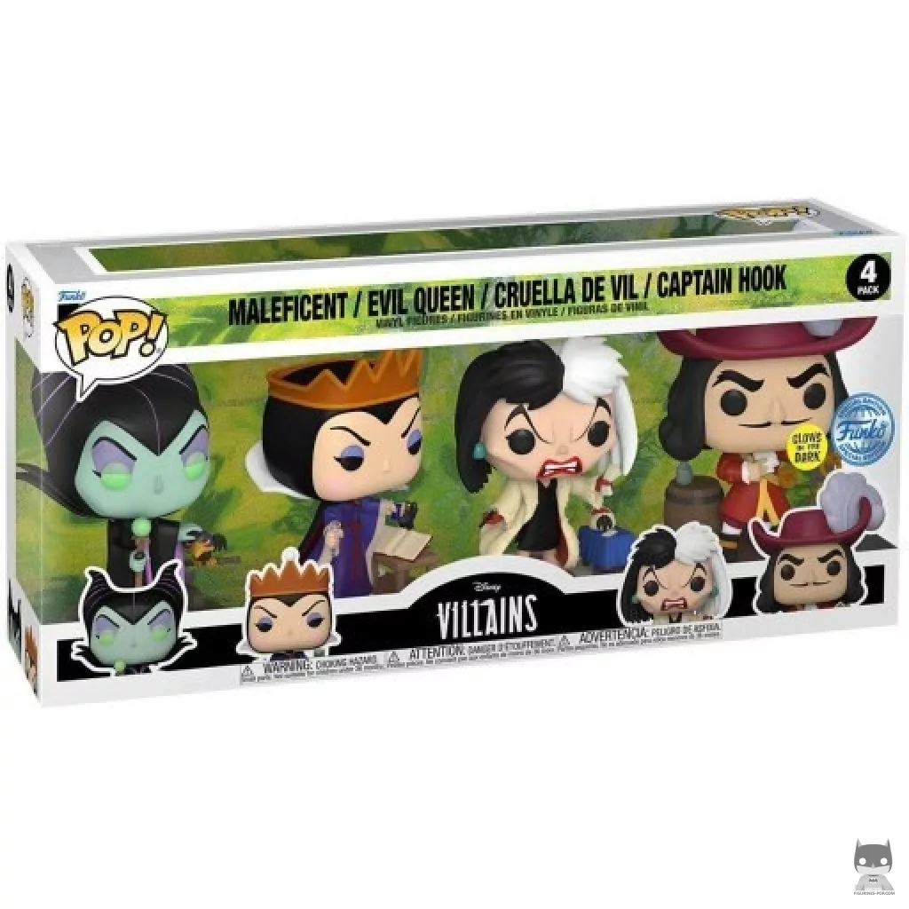 Maleficent, Evil Queen, Cruella de Vil & Captain Hook Funko Pop! figure in its box