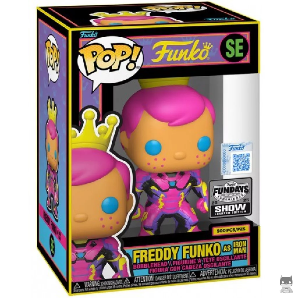 Freddy Funko as Iron Man (Black Light) Funko Pop! figure in its box