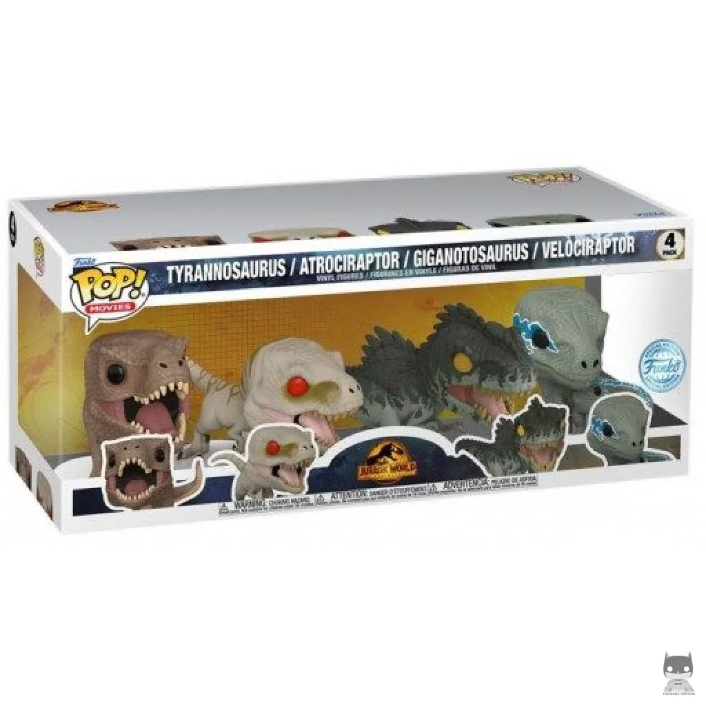 Tyrannosaurus, Atrociraptor, Giganotosaurus & Velociraptor Funko Pop! figure in its box