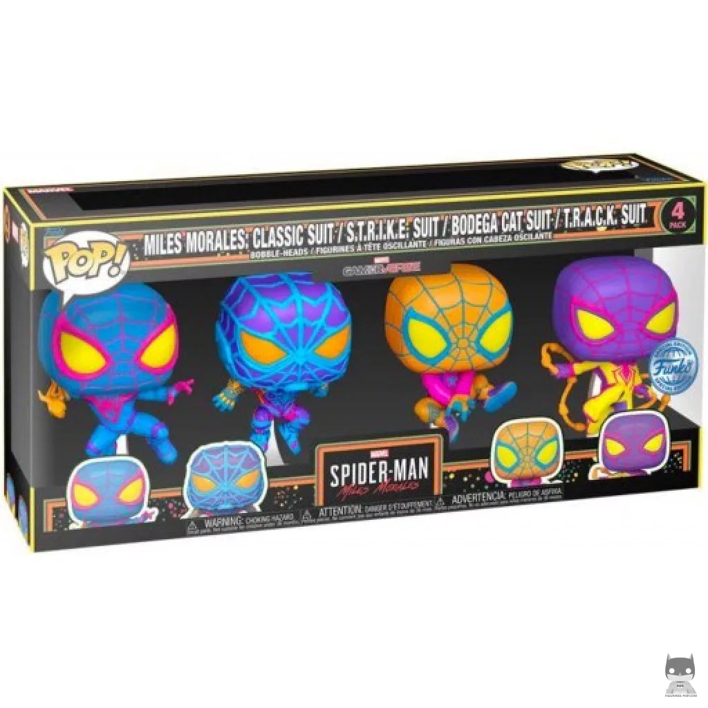 Miles Morales : Classic Suit, S.T.R.I.K.E. Suit, Bodega Cat Suit & T.R.A.C.K Suit (Black Light) Funko Pop! figure in its box