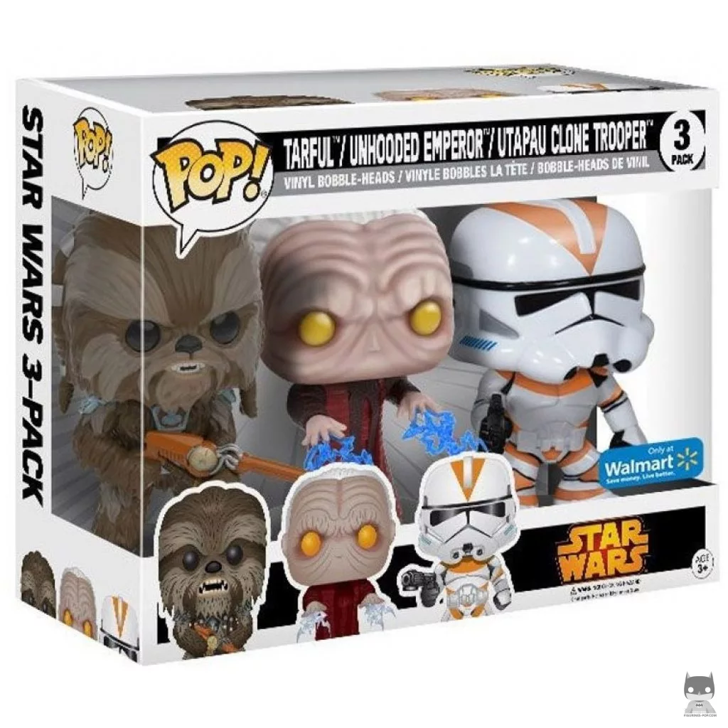 Tarfful, Unhooded Emperor & Utapau Clone Trooper Funko Pop! figure in its box