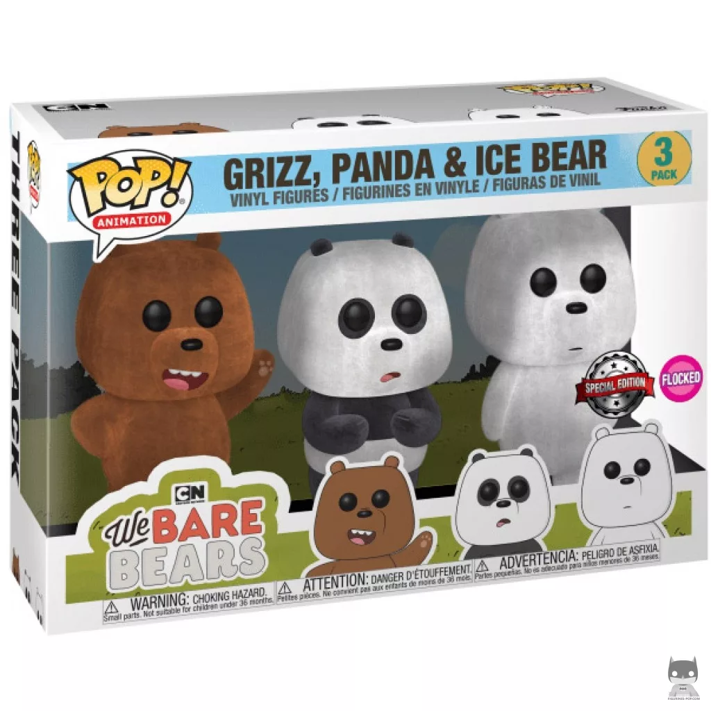Grizz, Panda, & Ice Bear (Flocked) Funko Pop! figure in its box
