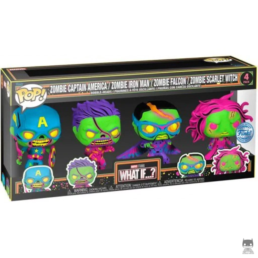 Zombie Captain America, Zombie Iron Man, Zombie Falcon & Zombie Scarlet Witch (Black Light) Funko Pop! figure in its box