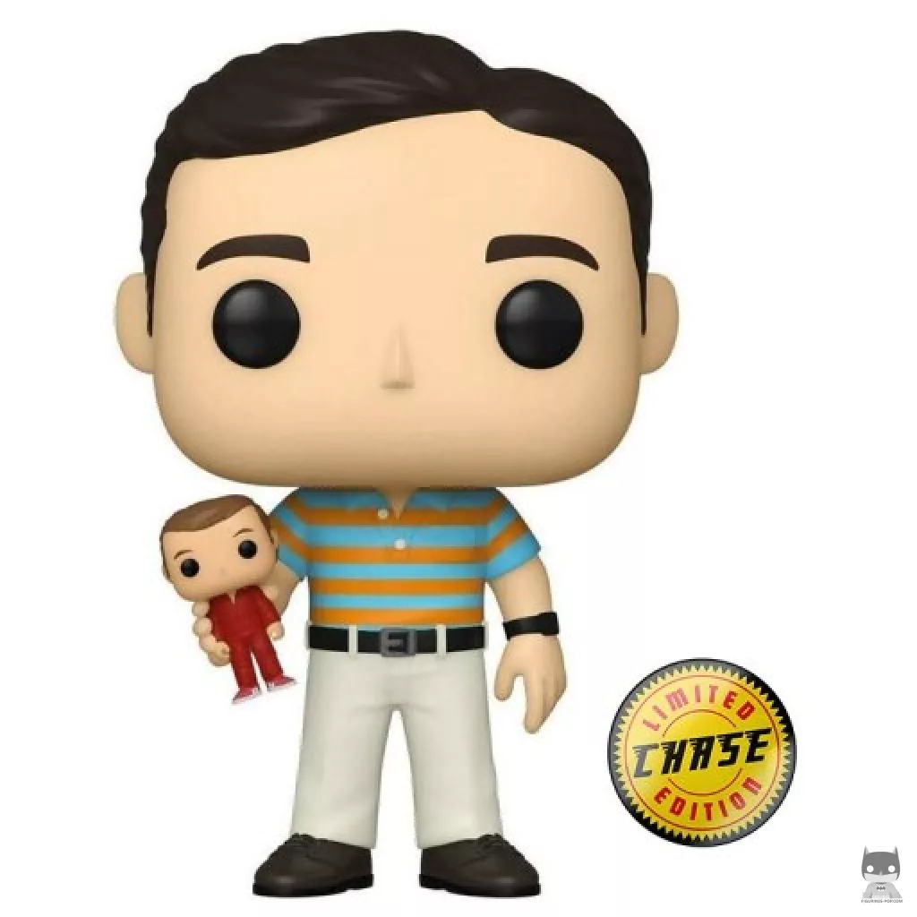 Andy holding Steve Austin (Chase) Funko Pop! figure (The 40 Years Old Virgin)