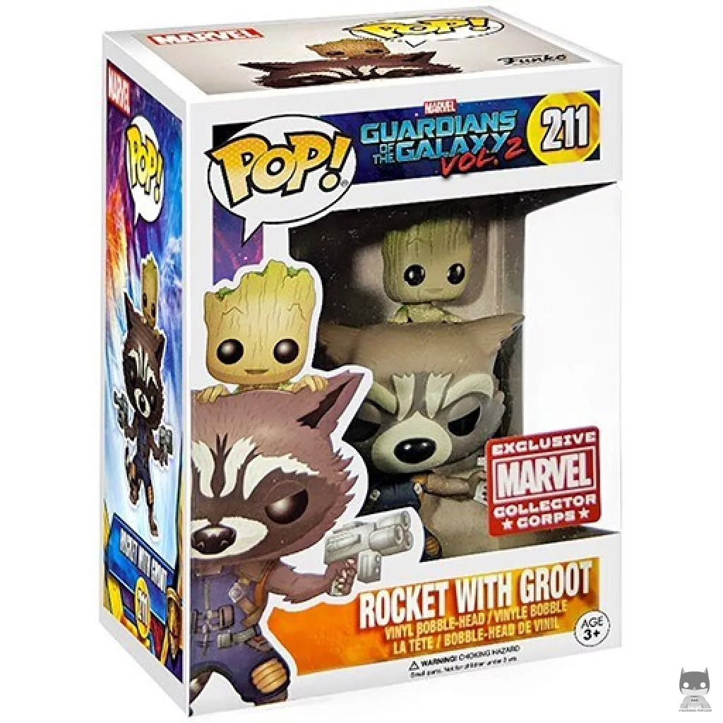 Rocket with baby Groot Funko Pop! figure in its box