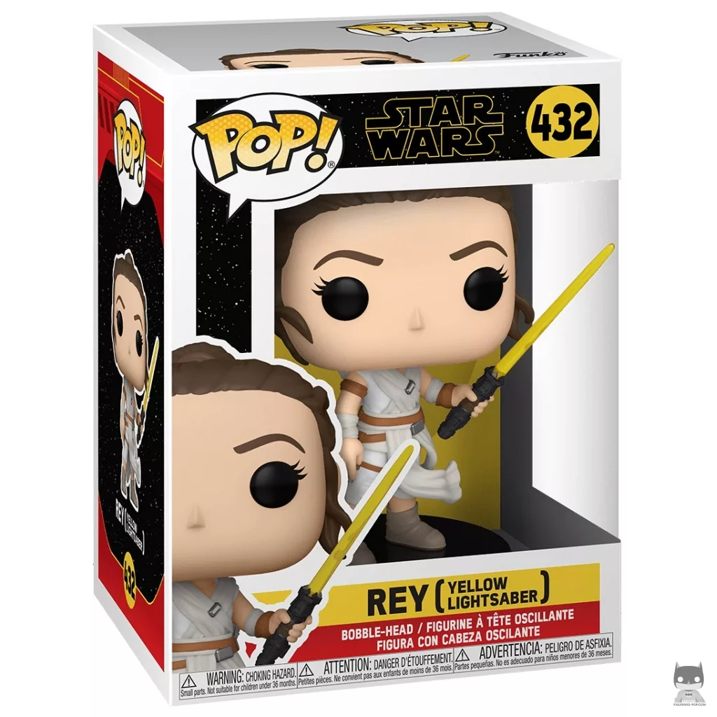Rey with Yellow Lightsaber Funko Pop! figure in its box
