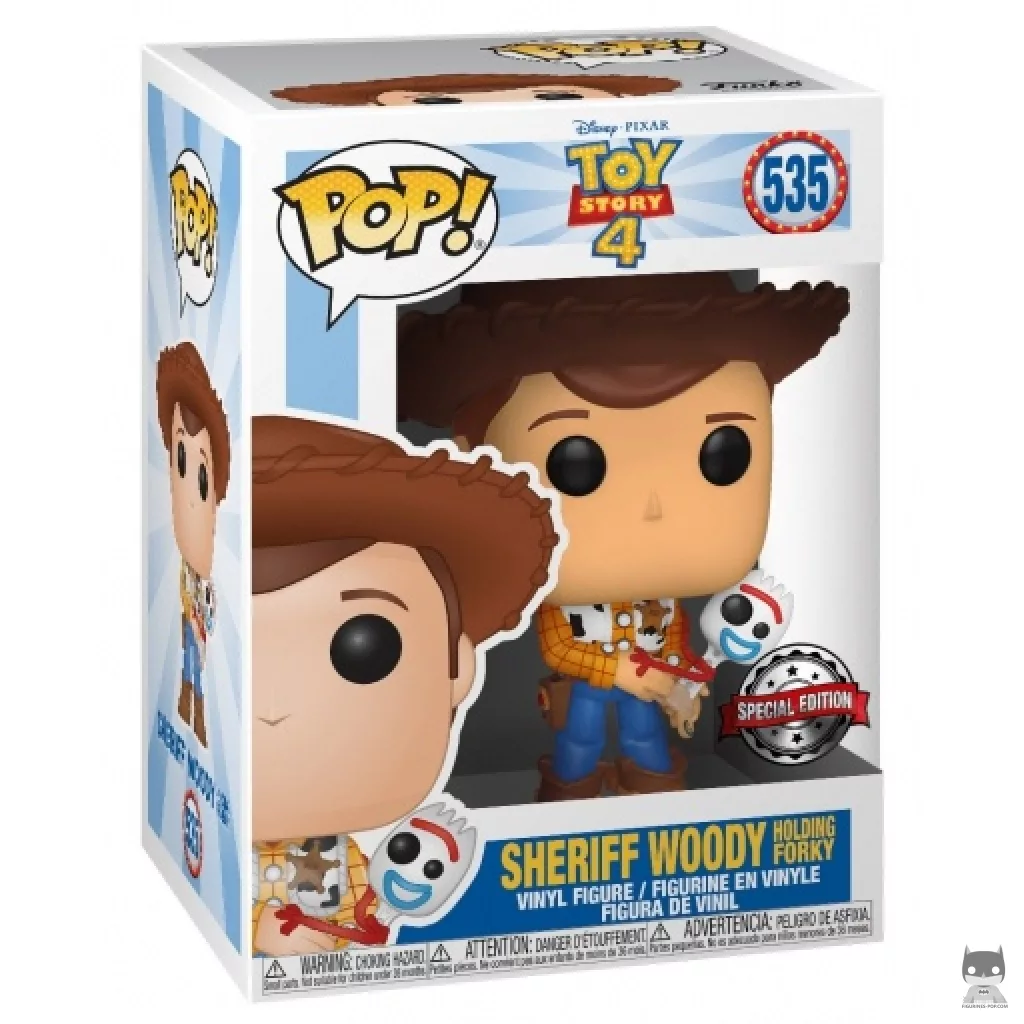 Sheriff Woody holding Forky Funko Pop! figure in its box