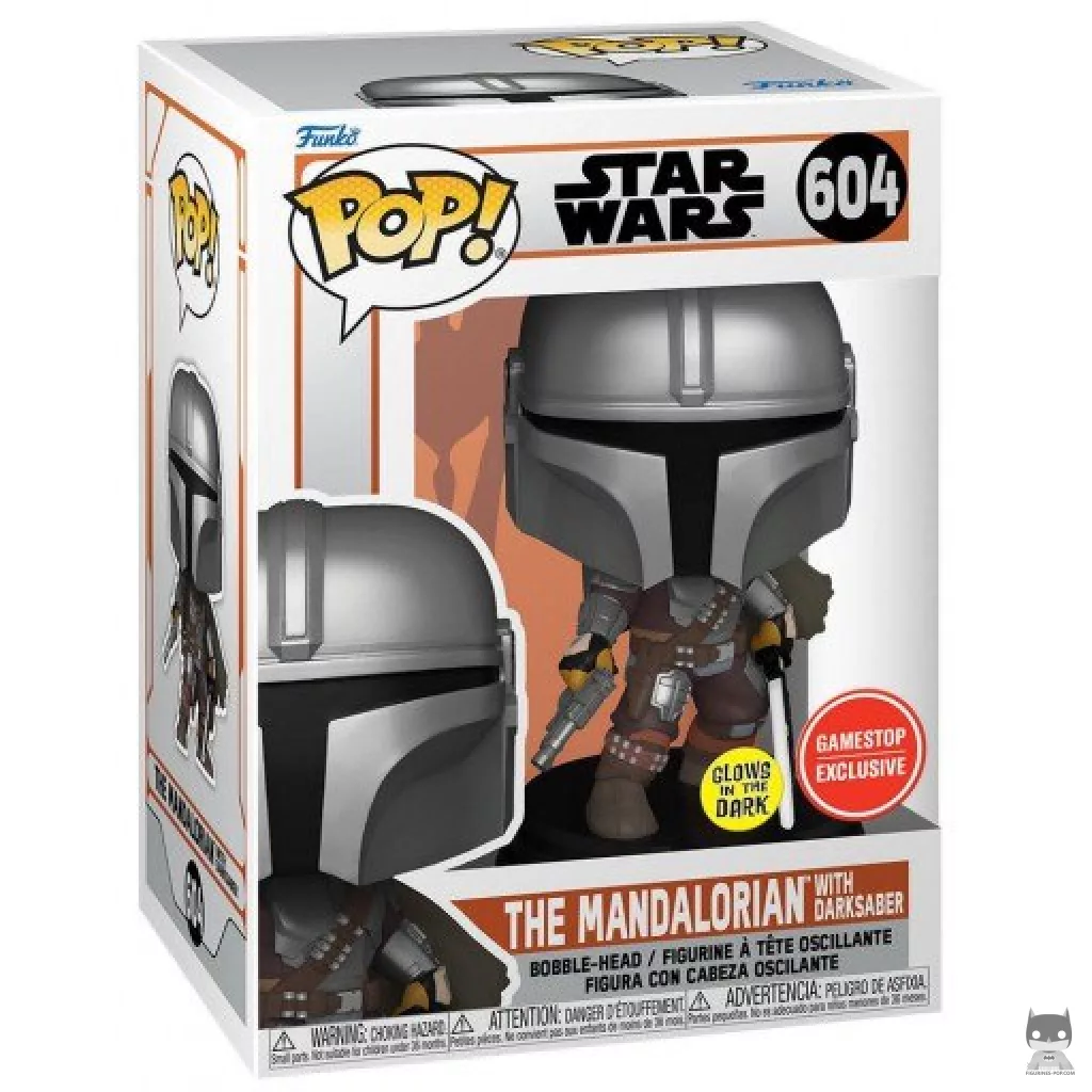 The Mandalorian with Darksaber (Glow in the Dark) Funko Pop! figure in its box