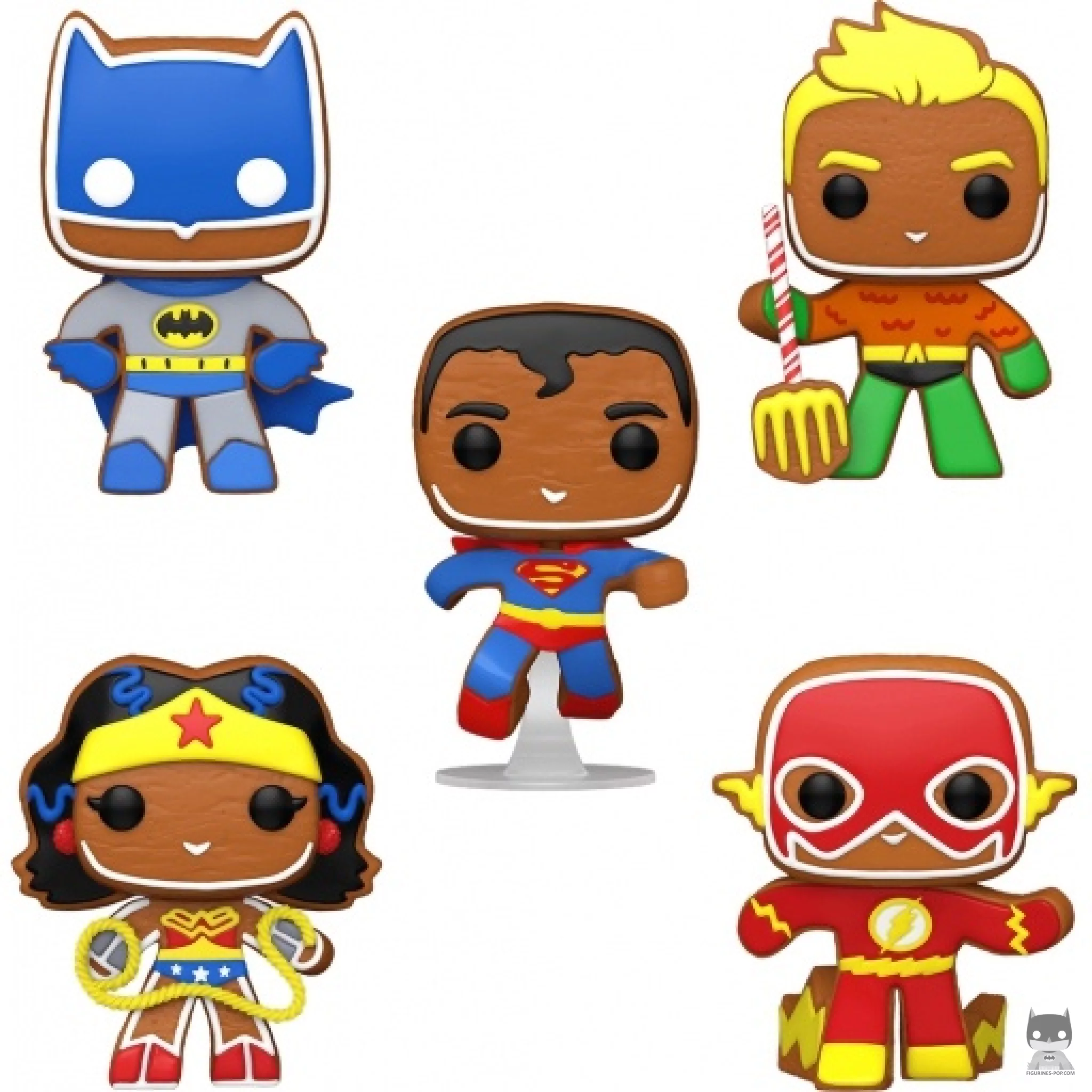 Gingerbread Superman, Gingerbread Batman, Gingerbread Aquaman, Gingerbread Wonder Woman & Gingerbread The Flash Funko Pop! figure (DC Super Heroes)