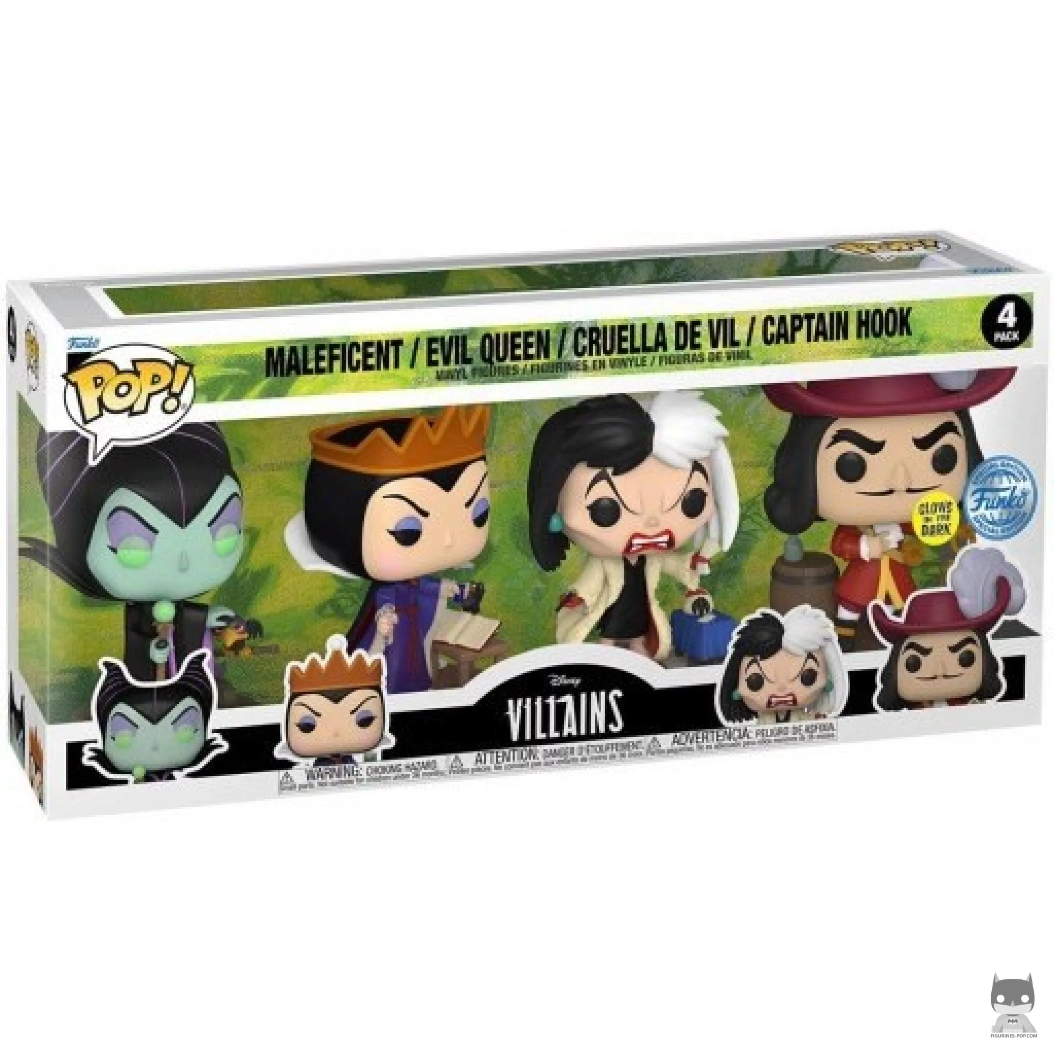 Maleficent, Evil Queen, Cruella de Vil & Captain Hook Funko Pop! figure in its box