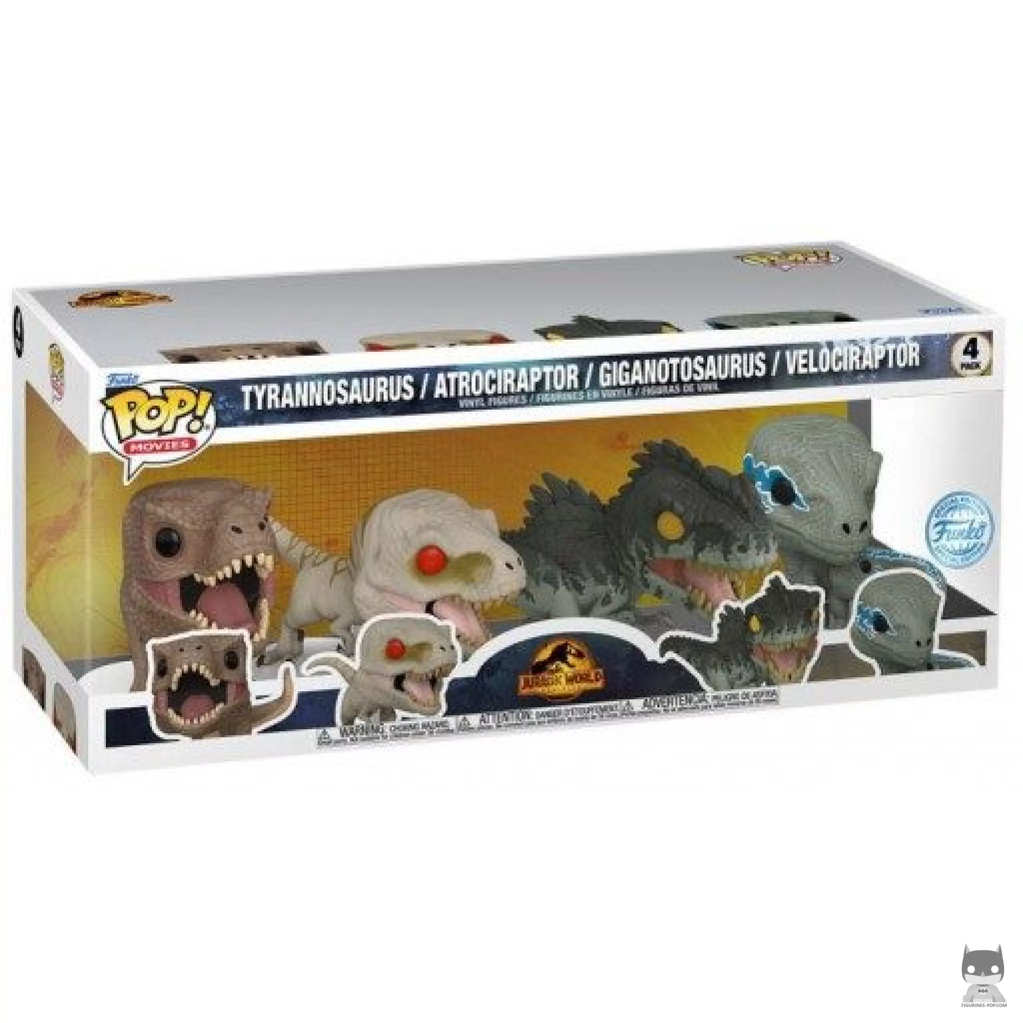 Tyrannosaurus, Atrociraptor, Giganotosaurus & Velociraptor Funko Pop! figure in its box