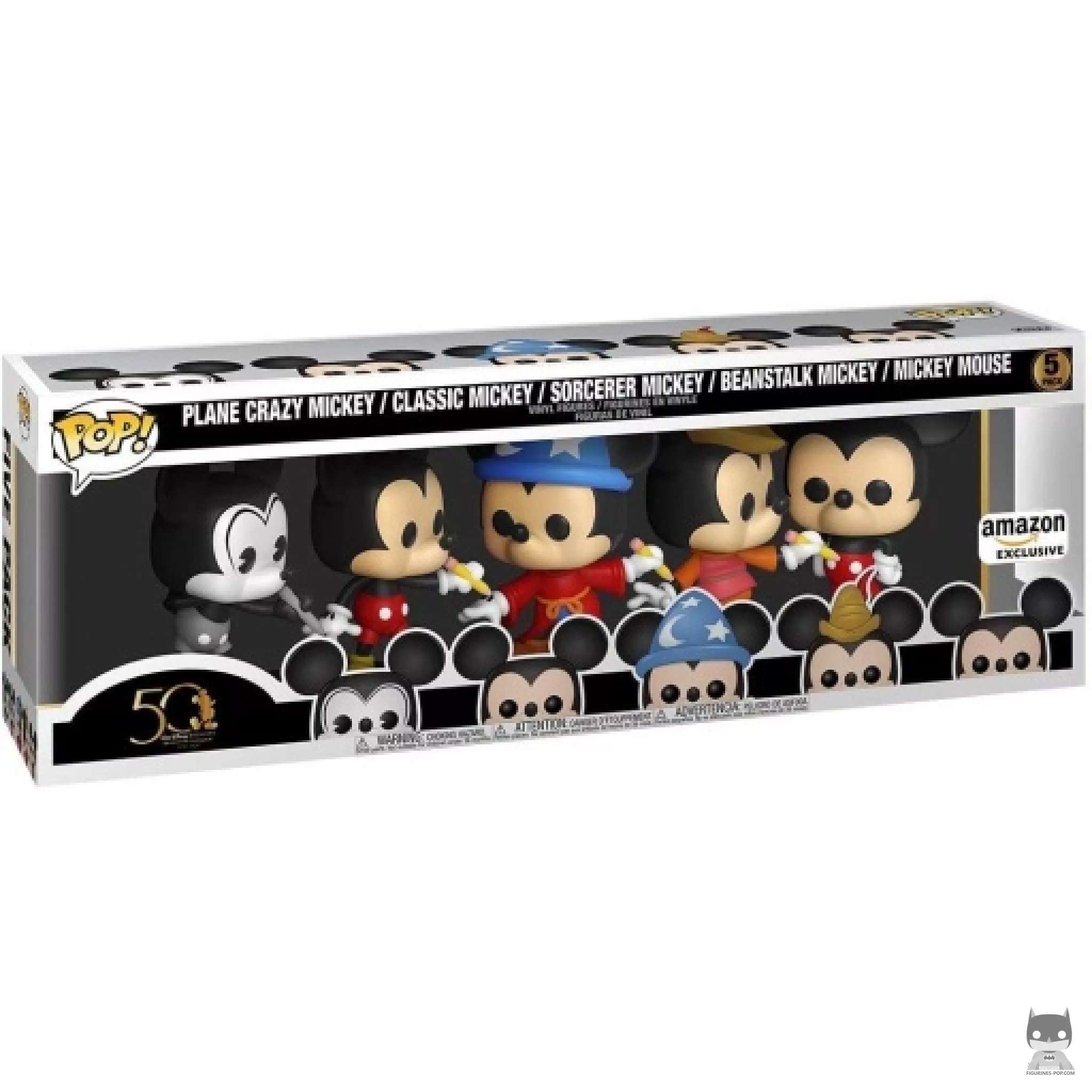 Plane Crazy Mickey, Classic Mickey, Sorcerer Mickey, Beanstalk Mickey & Mickey Mouse Funko Pop! figure in its box