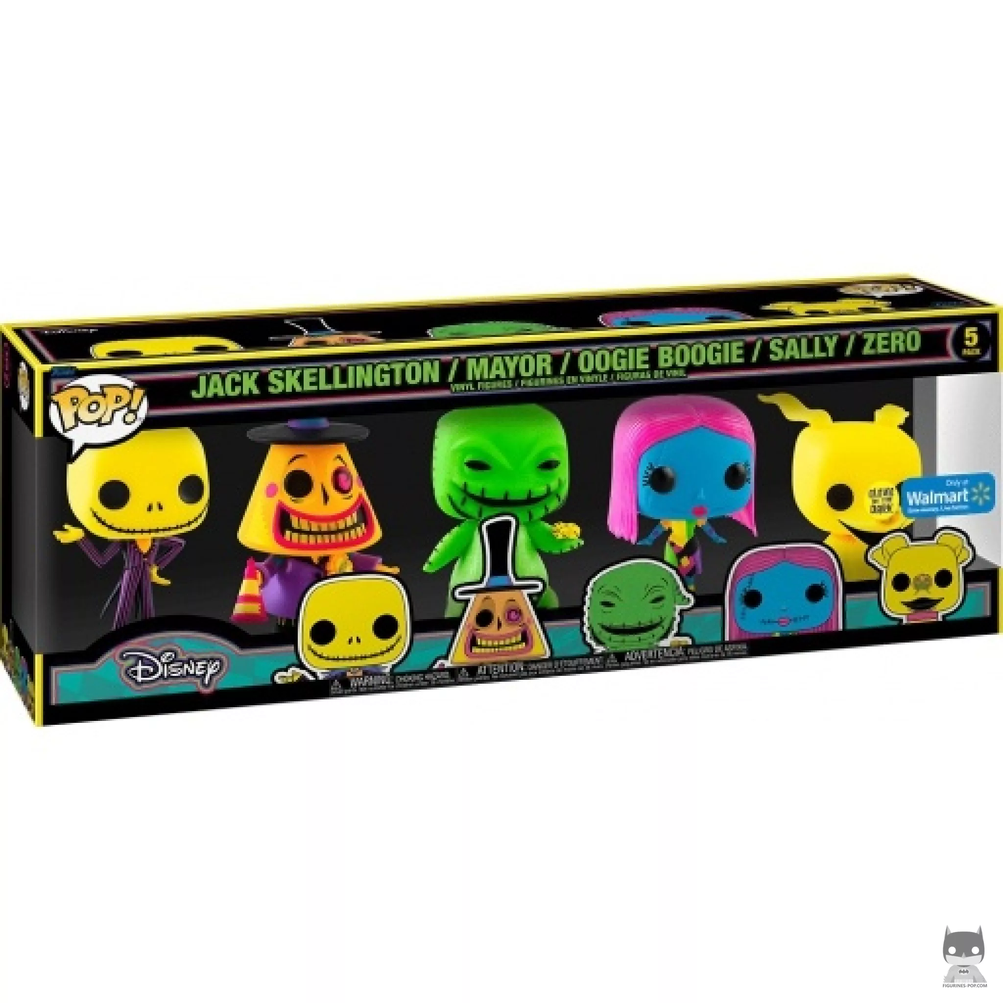 Jack Skellington, Mayor, Oogie Boogie, Sally & Zero (Blacklight) Funko Pop! figure in its box