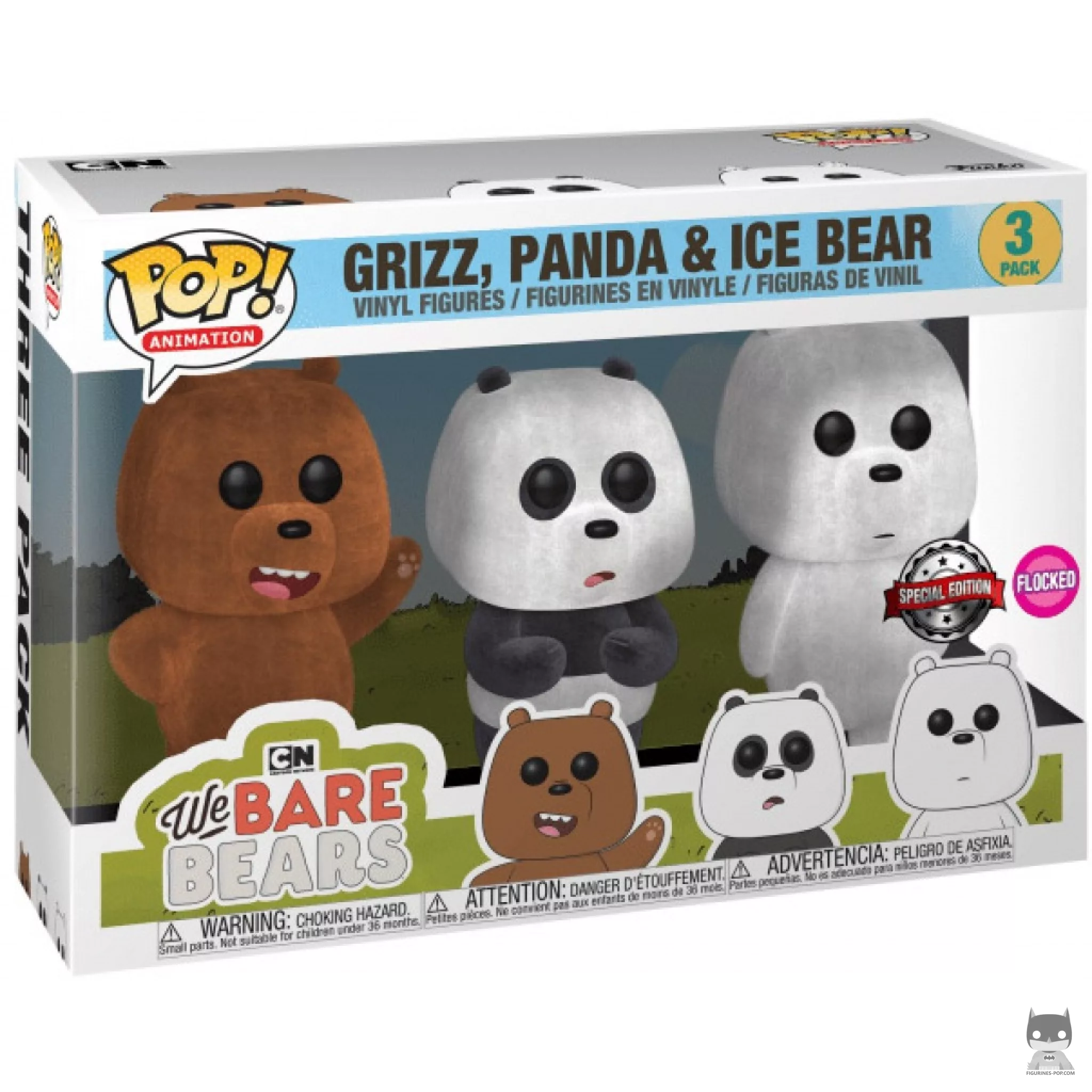 Grizz, Panda, & Ice Bear (Flocked) Funko Pop! figure in its box