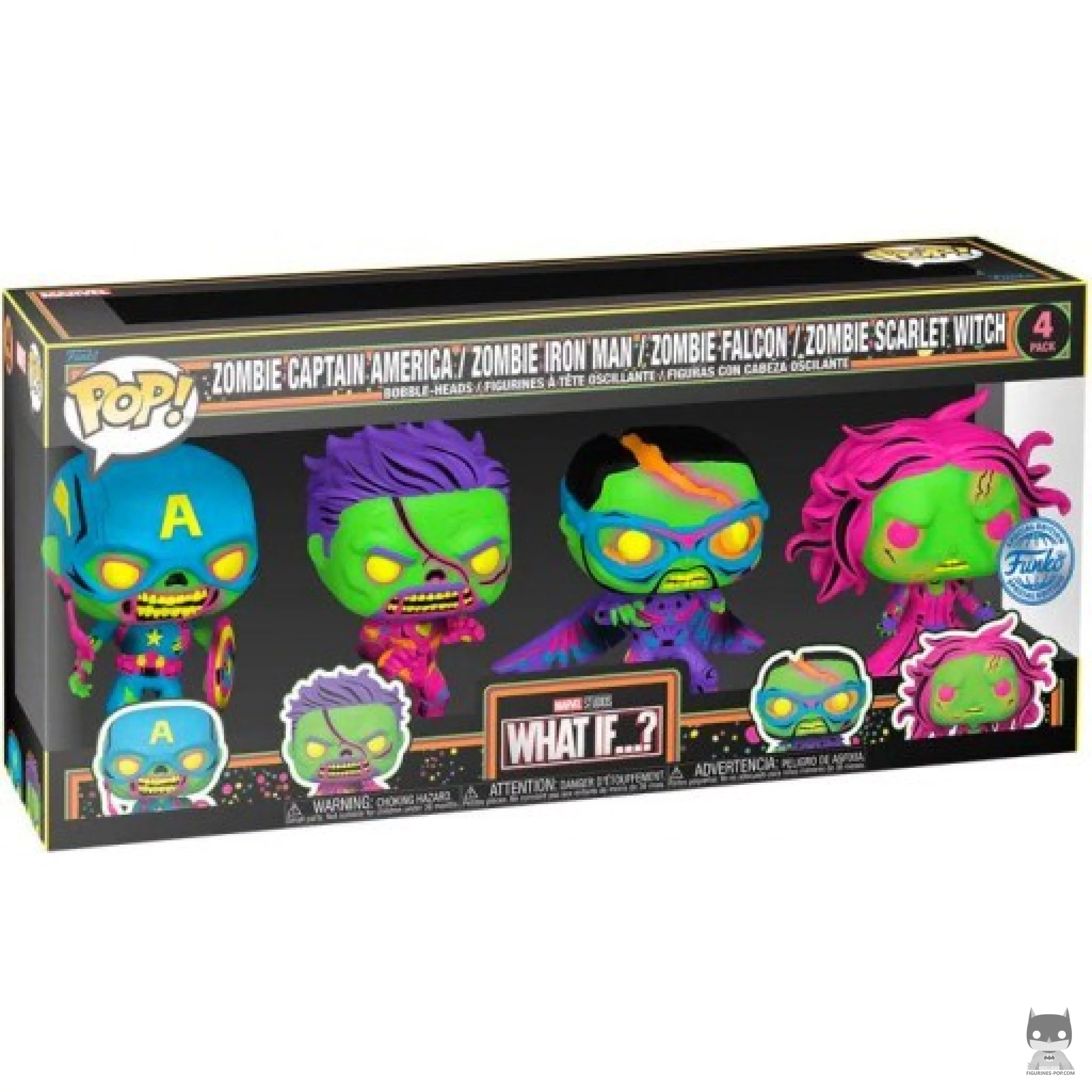 Zombie Captain America, Zombie Iron Man, Zombie Falcon & Zombie Scarlet Witch (Black Light) Funko Pop! figure in its box
