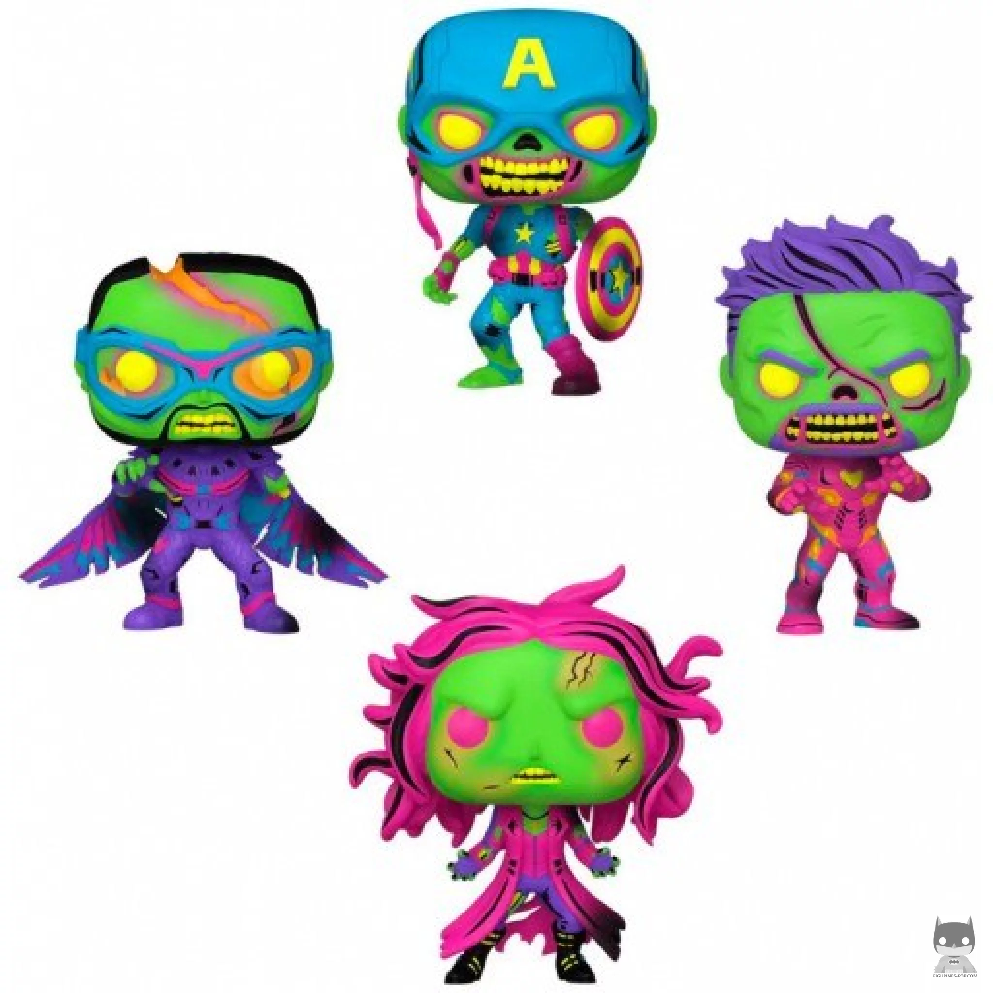 Zombie Captain America, Zombie Iron Man, Zombie Falcon & Zombie Scarlet Witch (Black Light) Funko Pop! figure (What If...?)