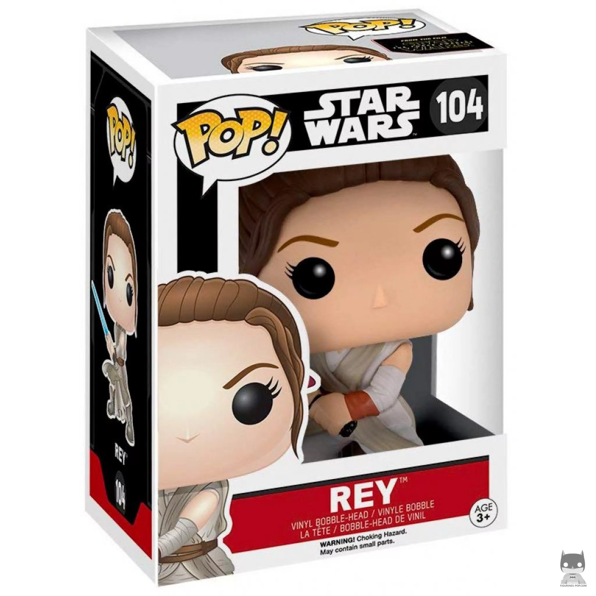 Rey with Lightsaber Funko Pop! figure in its box