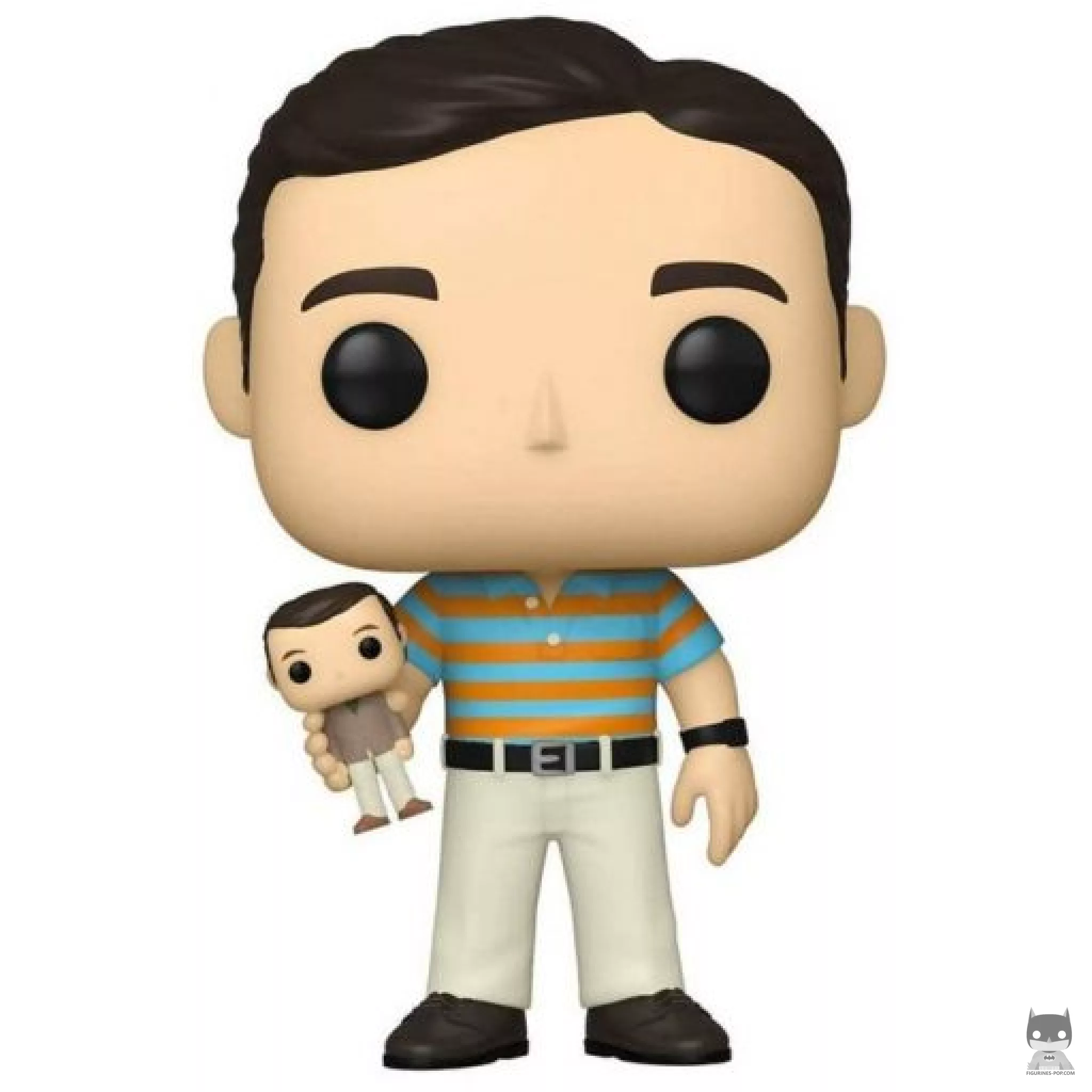Andy holding Oscar Goldman Funko Pop! figure (The 40 Years Old Virgin)