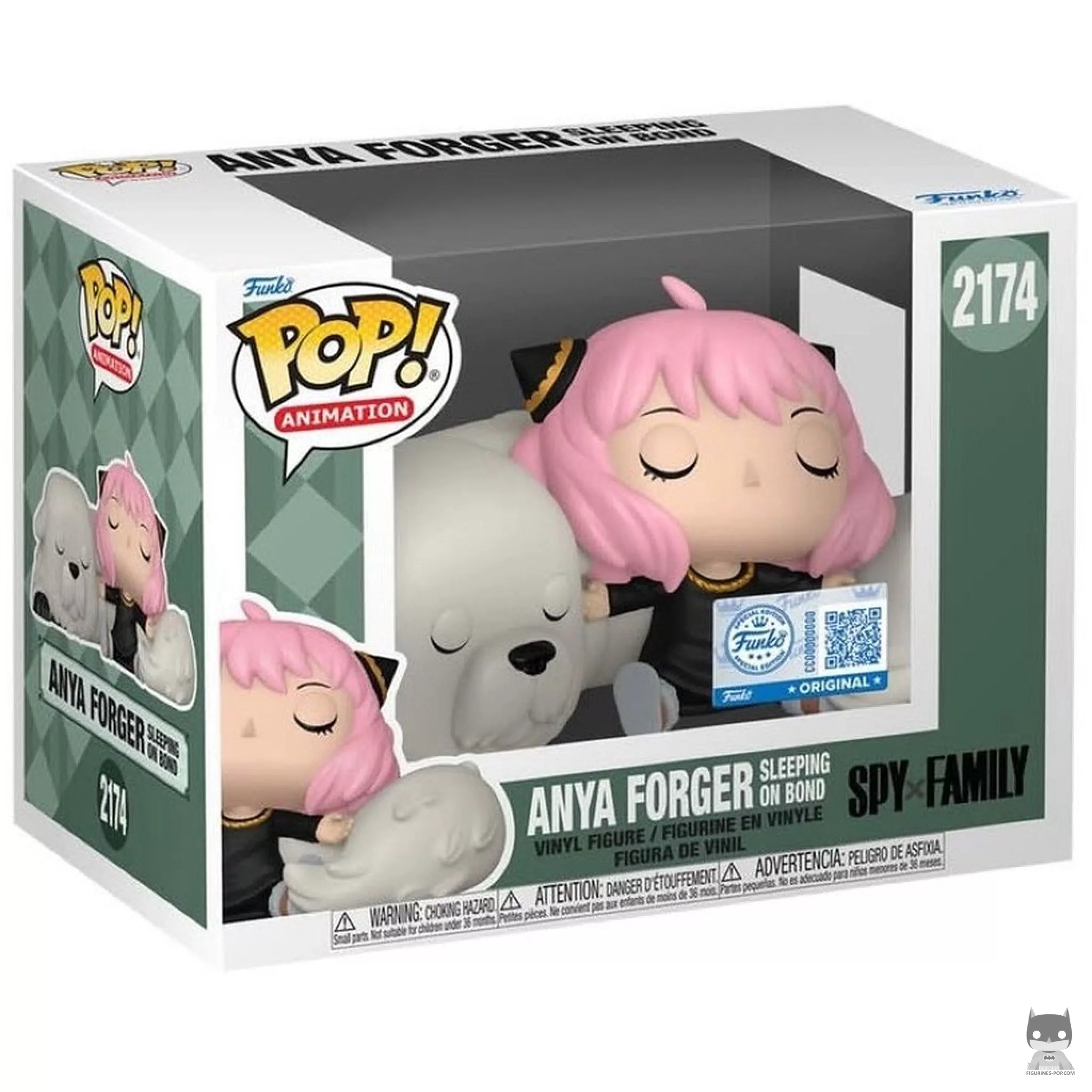 Anya Forger sleeping on Bond Funko Pop! figure in its box