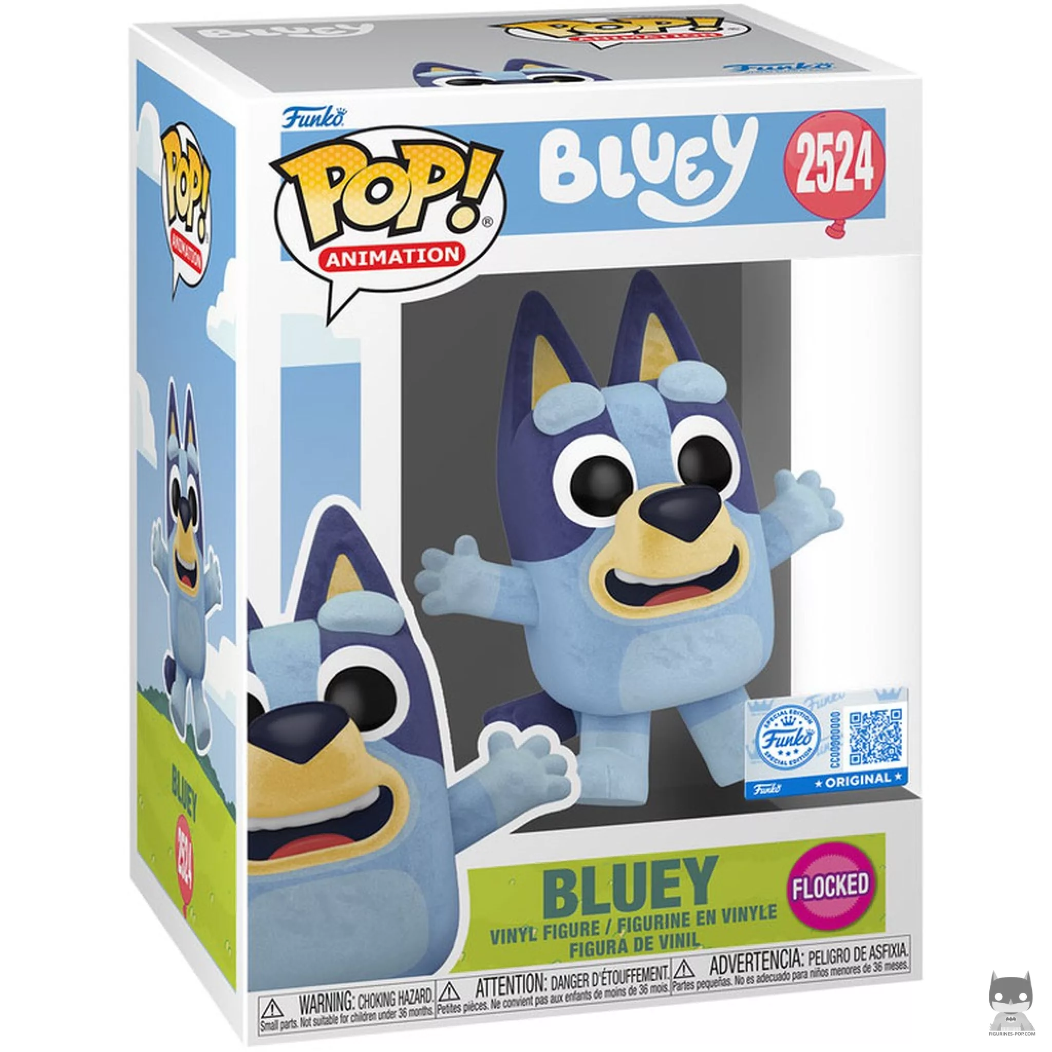 Bluey jumping (Flocked) Funko Pop! figure in its box