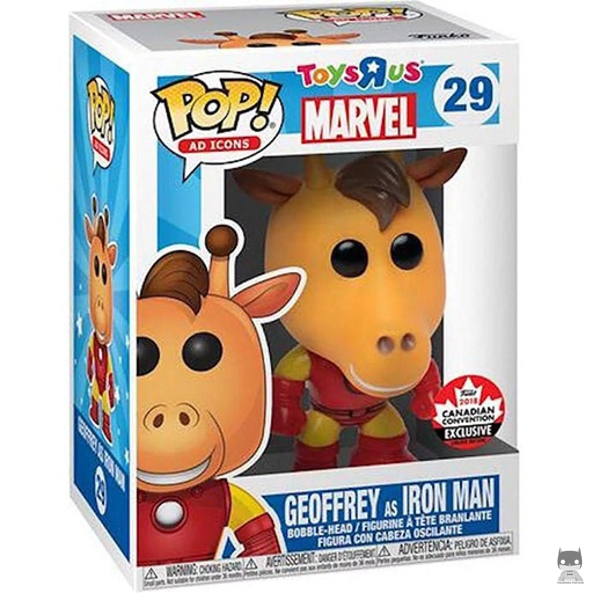 Geoffrey the Giraffe (as Iron Man) Funko Pop! figure in its box