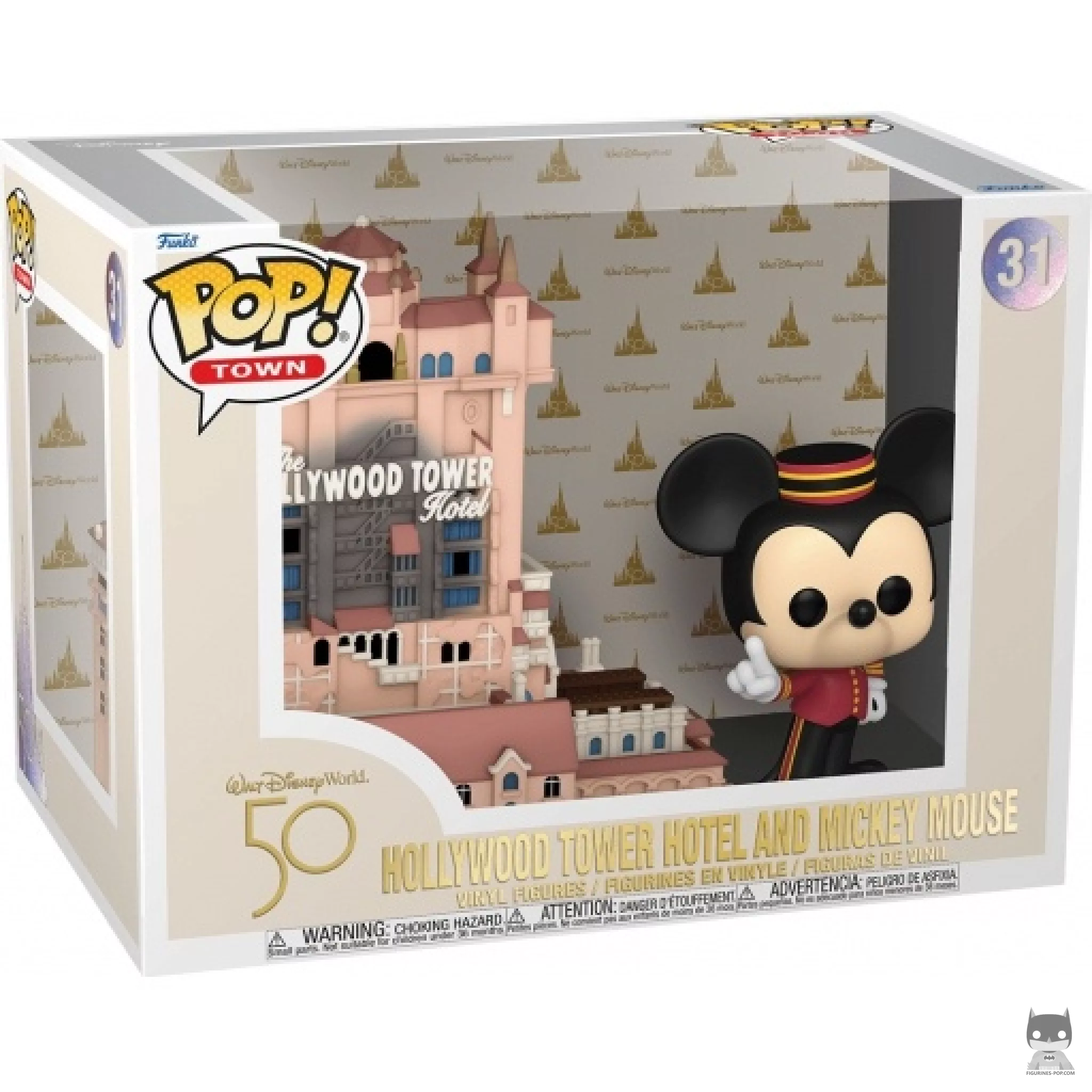 Mickey Mouse in front of Hollywood Tower Hotel Funko Pop! figure in its box