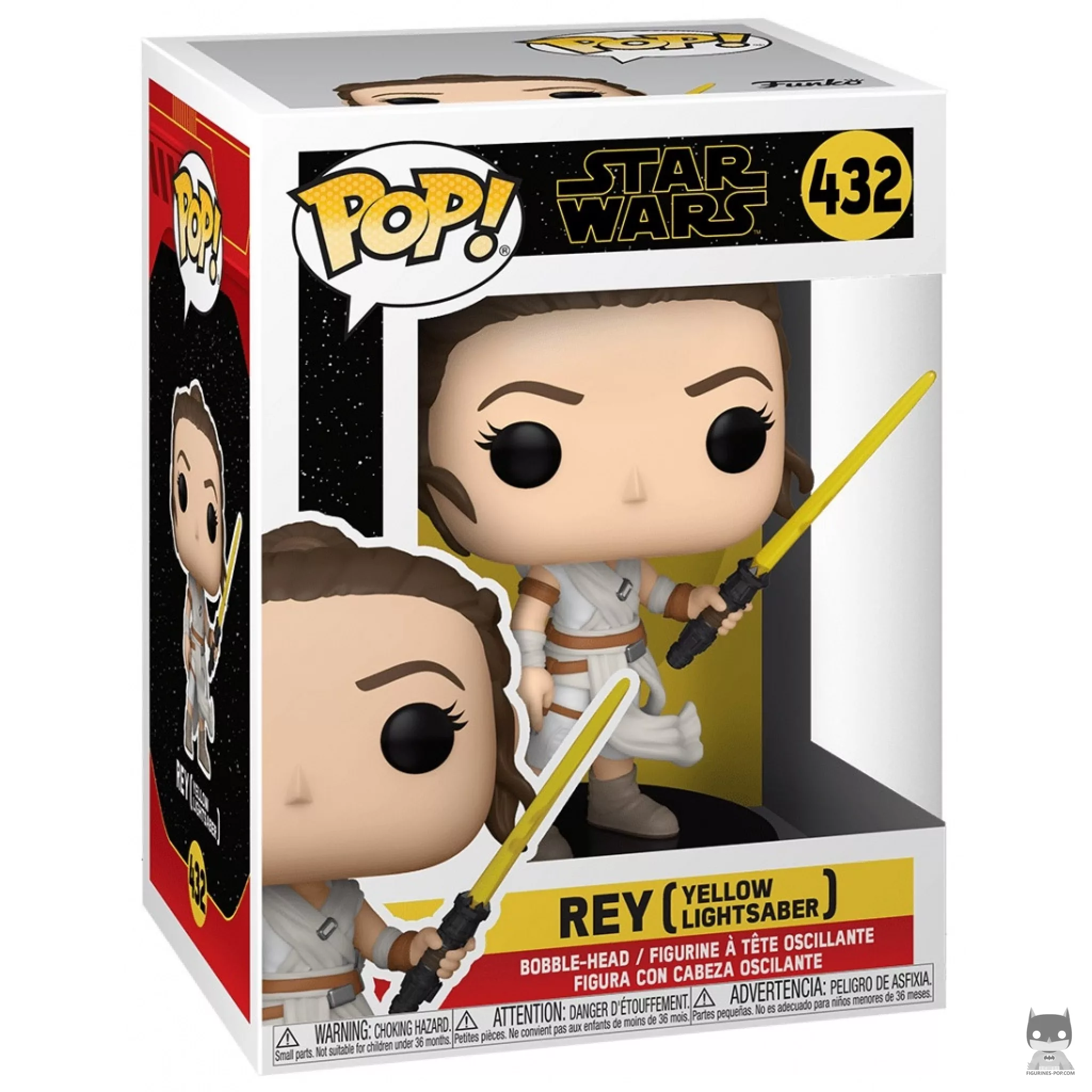 Rey with Yellow Lightsaber Funko Pop! figure in its box