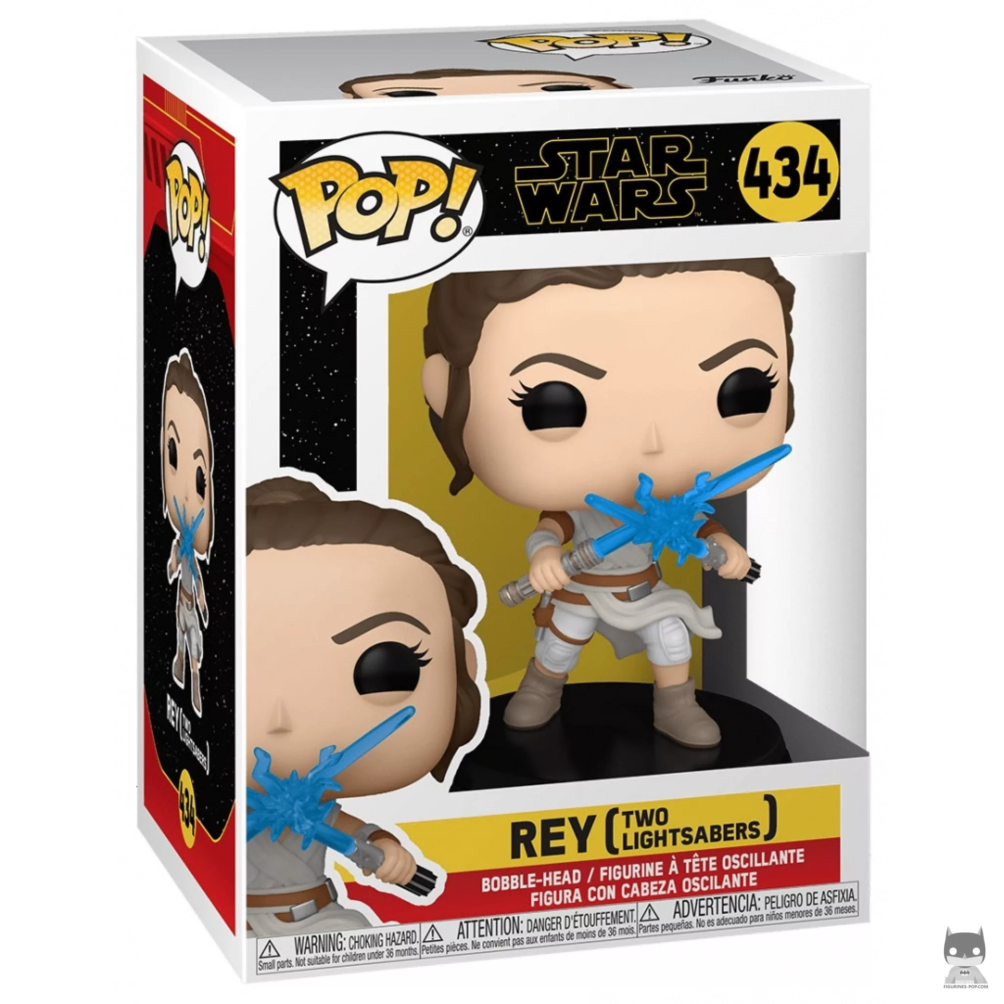 Rey with Two Lightsabers Funko Pop! figure in its box