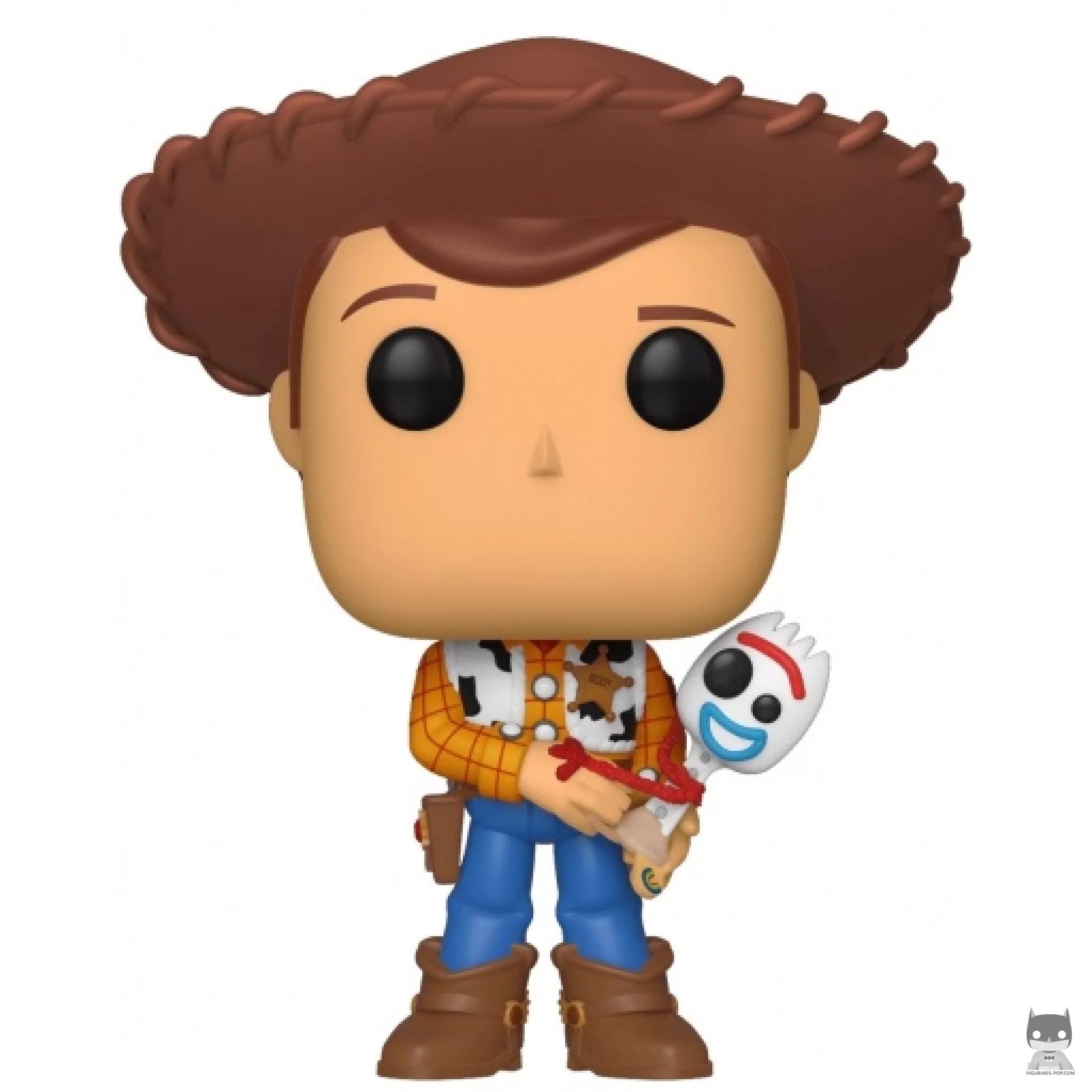Sheriff Woody holding Forky Funko Pop! figure (Toy Story 4)