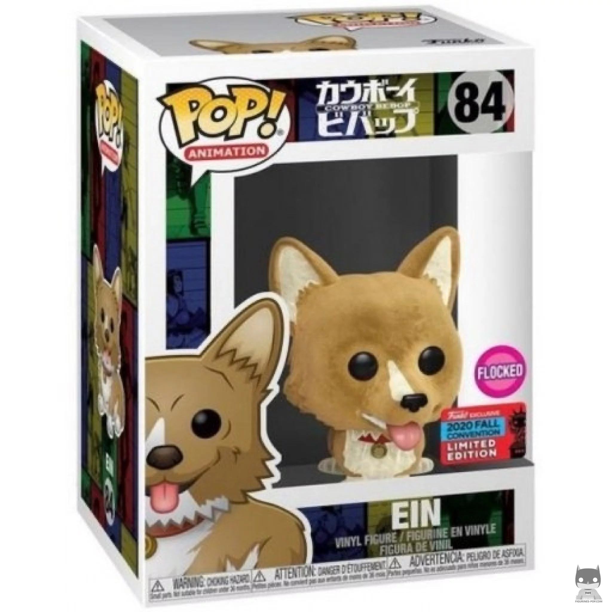 Ein (Flocked) Funko Pop! figure in its box