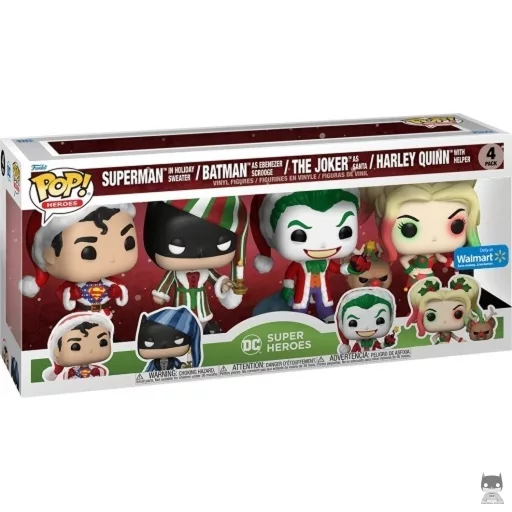 Superman in Holiday Sweater, Batman as Ebenezer Scrooge, The Joker as Santa & Harley Quinn with Helper Funko Pop! figure (Walmart)