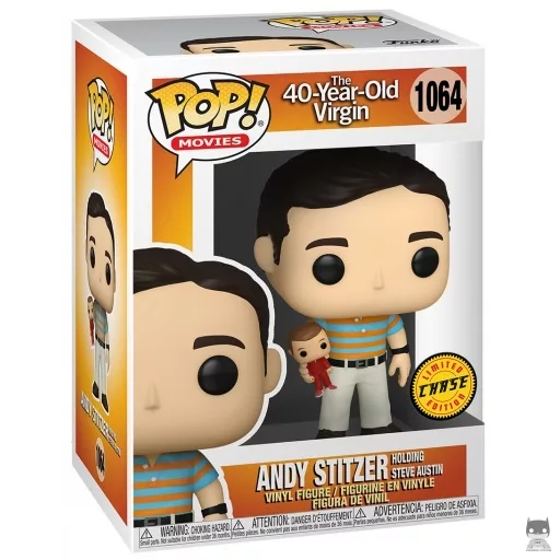Andy holding Steve Austin (Chase) Funko Pop! figure (The 40 Years Old Virgin)