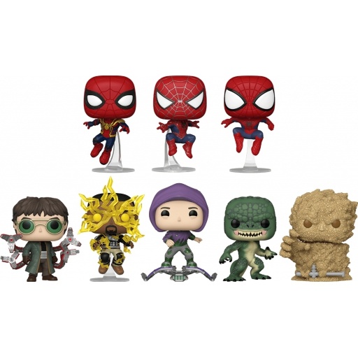 Funko POP Spider-Man, Friendly Neighborhood Spider-Man, The Amazing Spider-Man, Doc Ock, Electro, Green Goblin, The Lizard & Sandman (Spider-Man: No way Home)