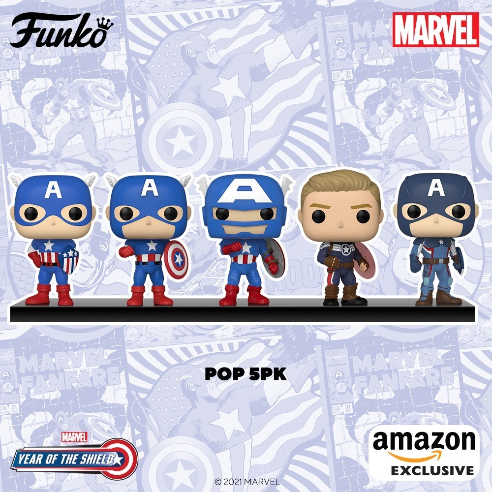 A set of 5 Captain America POPs through the ages